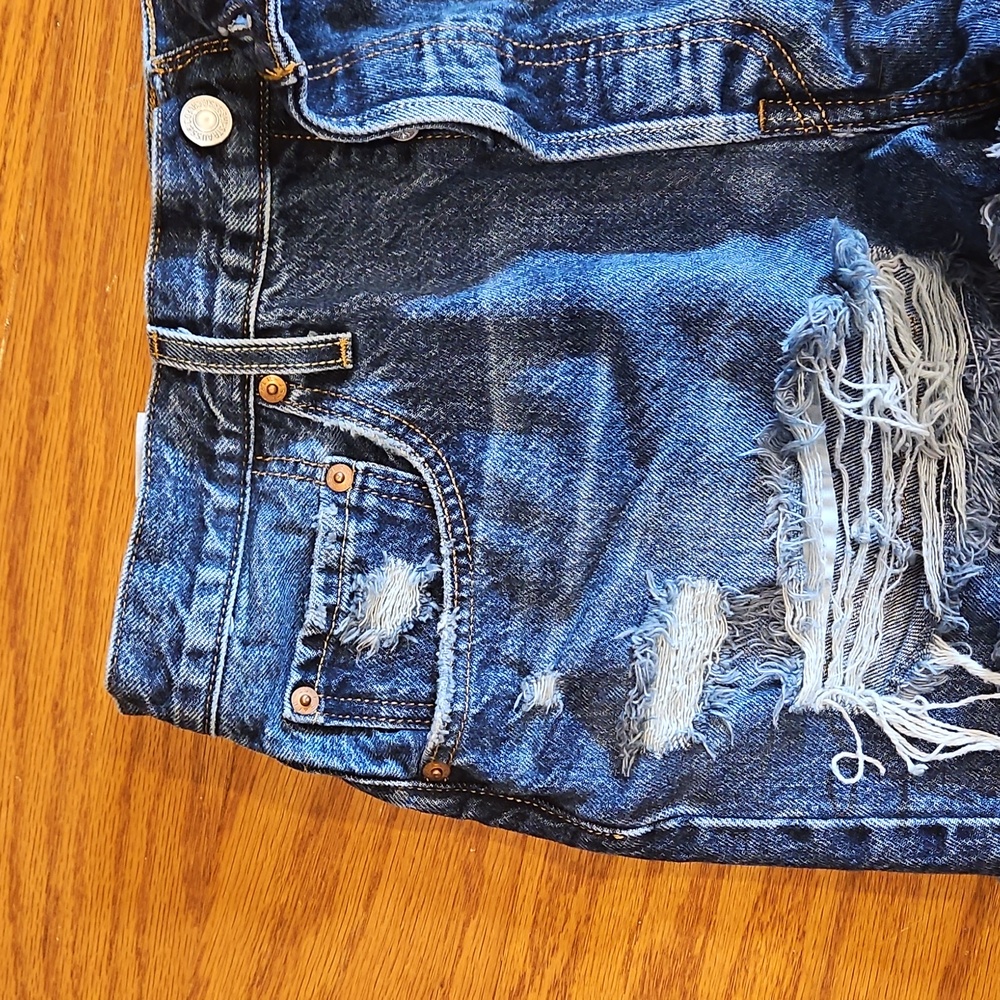 Levi 501 Blue Distressed Jean Shorts - Picture 5 of 9